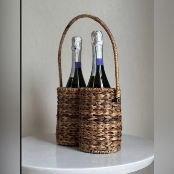 Vintage Boho 2 Wine Bottle Holder Carrier Woven Rattan Wicker Basket Bar Decor - Picture 10 of 12